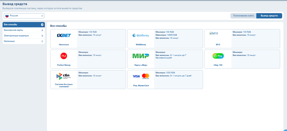 вывод выигрышей на официальном сайте 1хБет